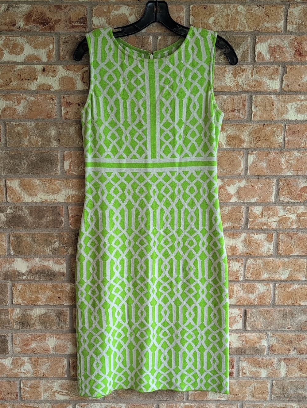 St. John Lime Green and White Geometric Sleeveless Midi Dress